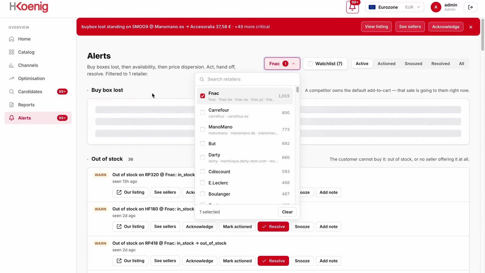 Merqi alerts queue showing buy-box-lost and out-of-stock alerts ranked by what each row costs