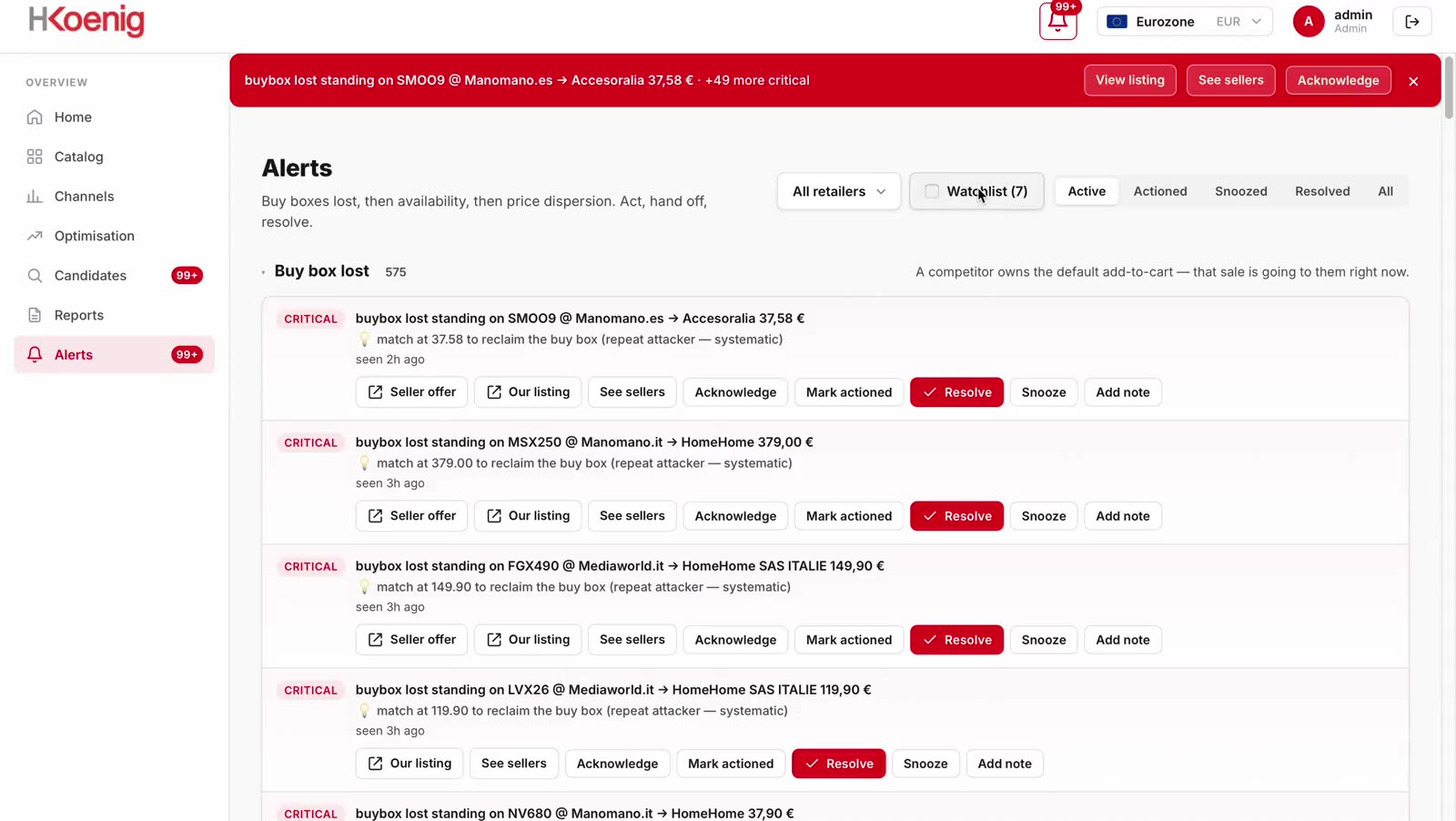 Merqi alerts queue being filtered to one retailer and worked through, showing buy-box-lost and out-of-stock rows with the action on each