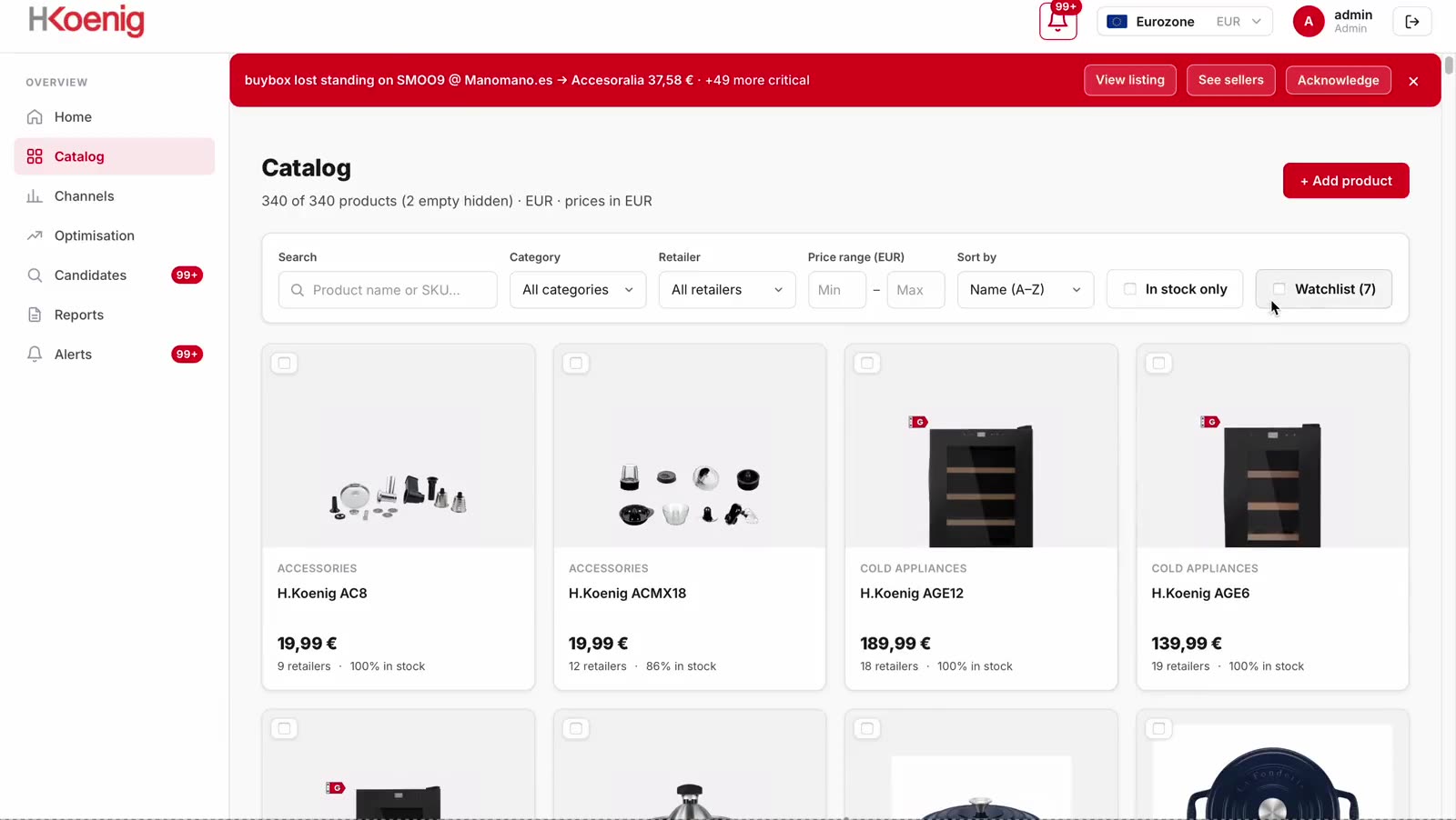 The Merqi Catalog screen: every product with its price range and the retailers carrying it